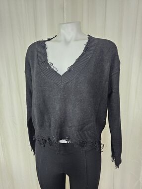 Wild Honey Black Distressed V‑Neck Boxy Crop Sweater Medium Grunge